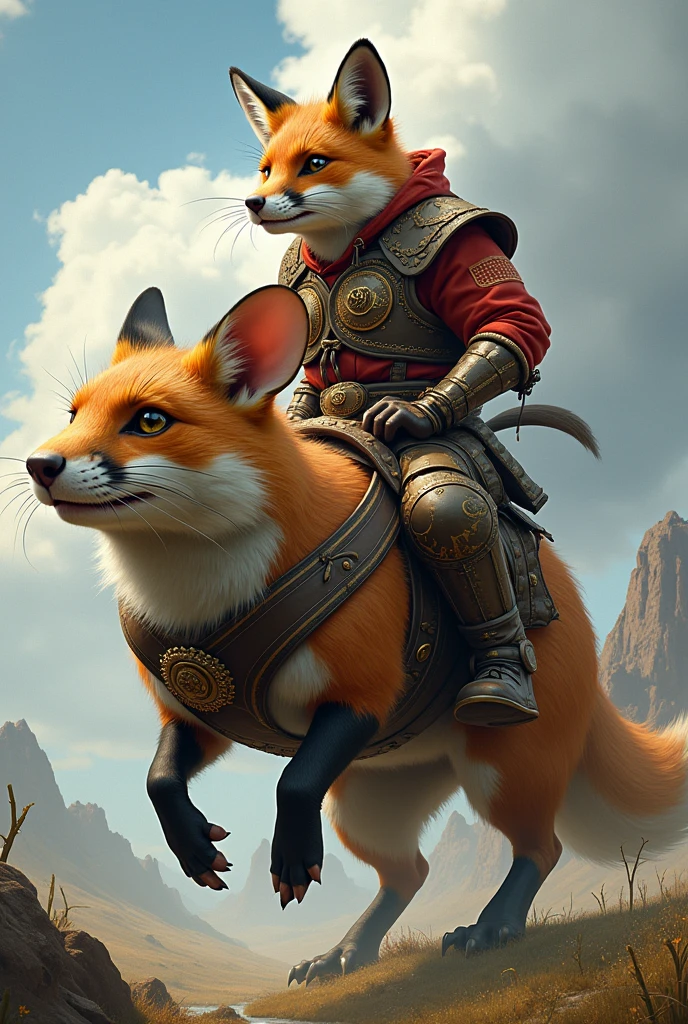 A big fox riding on the big mouse wearing a big shord for fighing