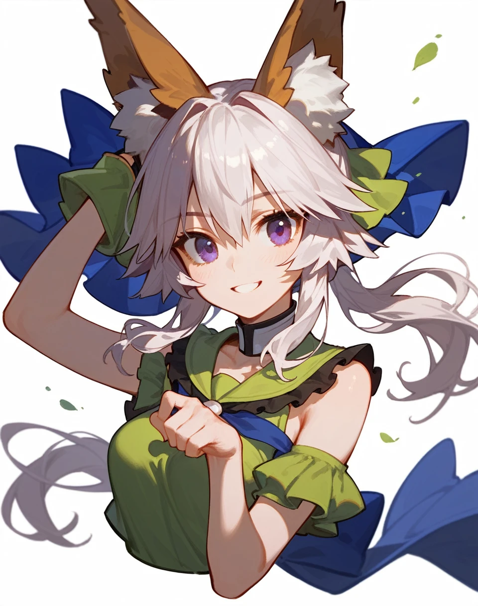 1girl, looking at viewer, simple background, white background,upper body,
grey hair,green eyes,green halo,long hair,ahoge, fox ears,
black shirt,breasts,closed mouth,enmaided,frilled apron,frilled shirt,frills,gloves,hairclip,short sleeves,smile,heart hands,
<lora:last:1>