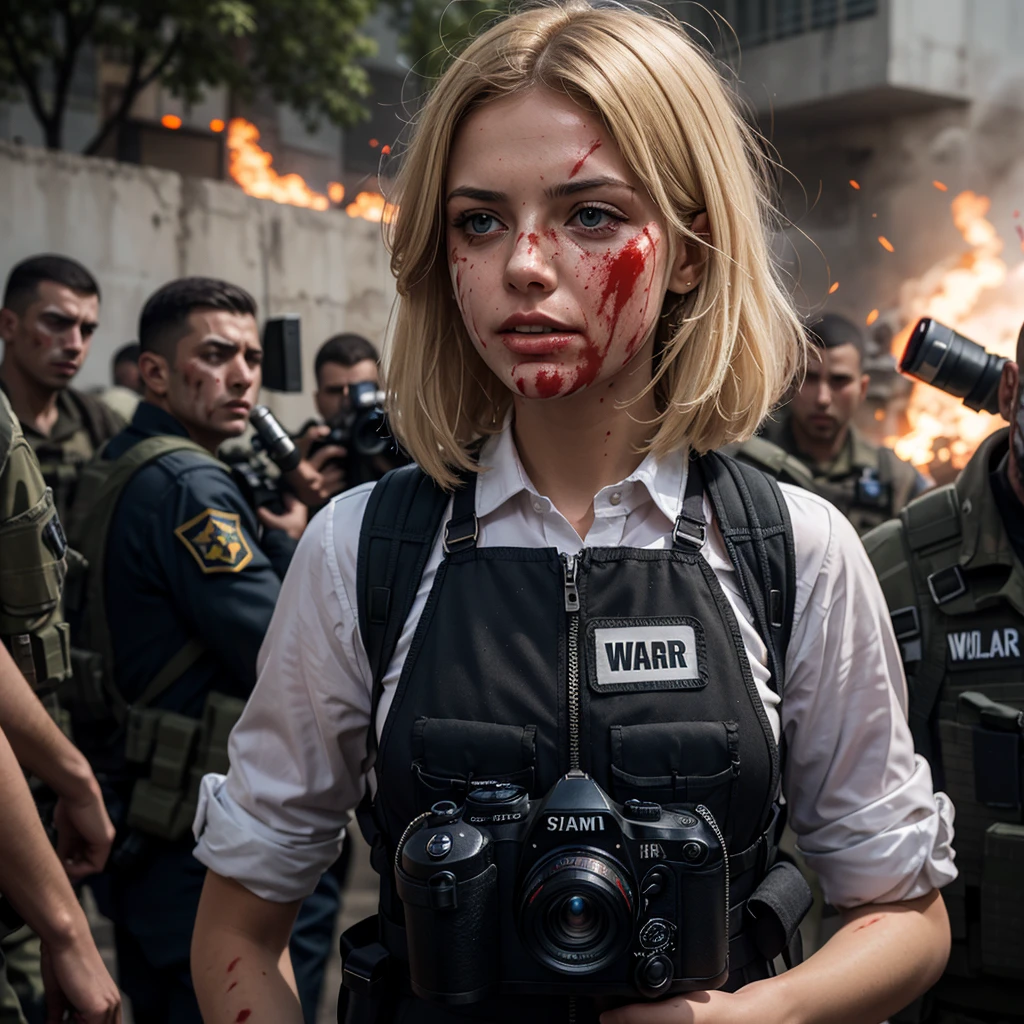 Blonde woman, war press photographer with a camera, blood on her clothes and on her face, war scene around her with explosions and whistling bullets, a bulletproof vest written PRESS on it