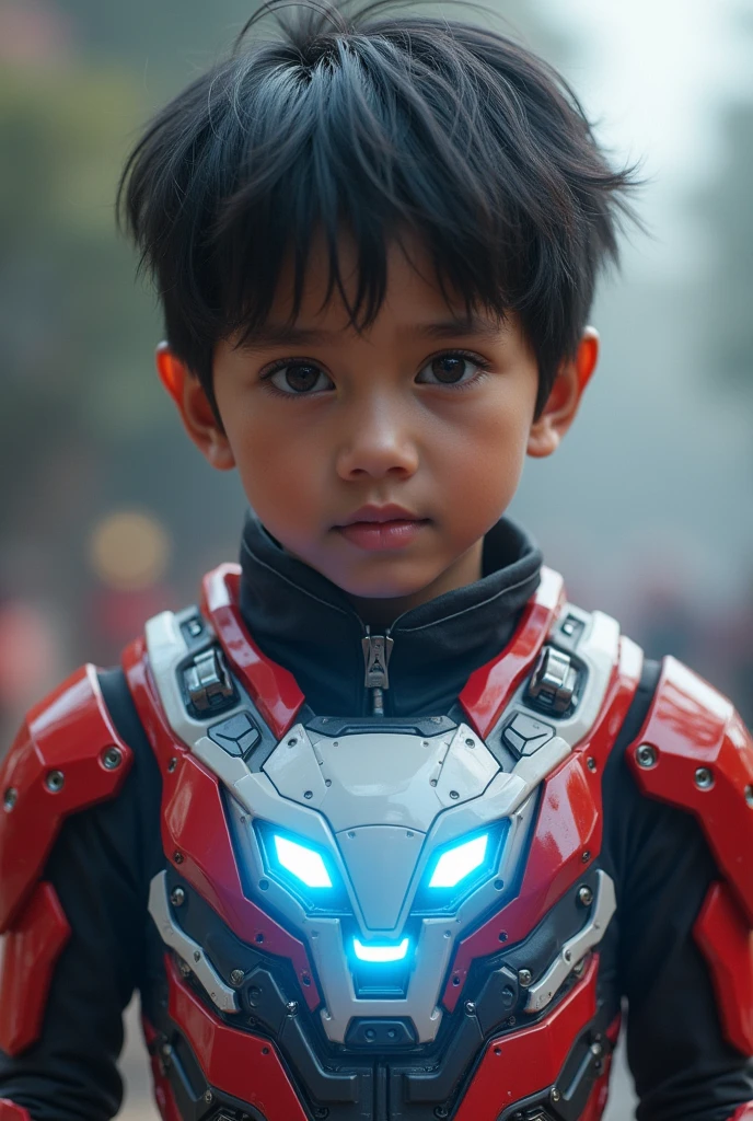 a  1 boy wearing a red and white exoskeleton armor, a robot face on his chest , malaysian mullet hairstyle, detailed face and eyes, highly detailed, 8k, photorealistic, cinematic lighting, concept art, sci-fi. Led light blue.led light robot face on body Punisher. Marvel. Alien robot face on body. Mechamato. Big Red Robot face on chest. Talking robot on chest.