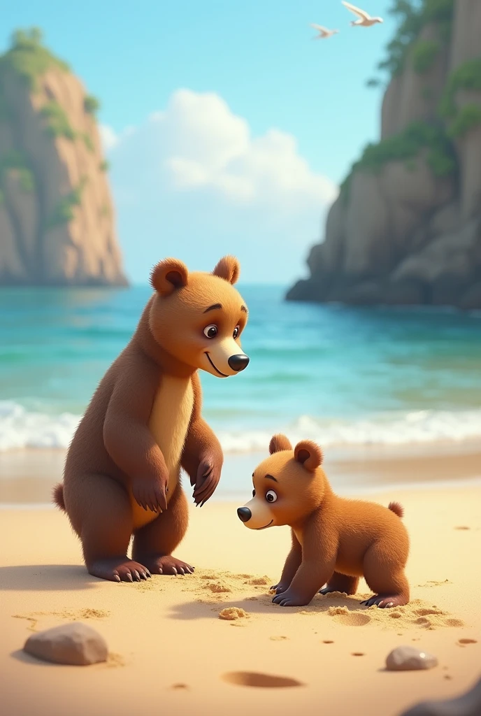 Little bear playing on the beach sand accompanied by mother bear