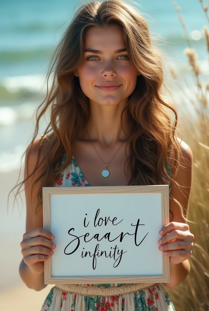 Beautiful girl with wavy long hair, bohemian dress, holding a white board with text "I Love Seaart Infinity" and showing it to the viewer