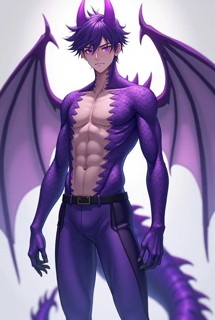 1male, ager boy, sporting build, violet dragon scales on legs, violet dragon scales on hands, violet dragon scales on neck, violet dragon scales on side torso, violet dragon tail on back side waist, violet dragon wings on back, violet dragon eyes, violet dragon horns on head, open torso, without clothes on torso, without boots, black shorts on waist, short purple hair, calm look, calm pose, closed mouth, full focus on body, look at the viewer, anime style, 16K, Best quality, high quality, accurate, masterpiece, uhd, retina, anatomically correct, textured skin, high details, award winning