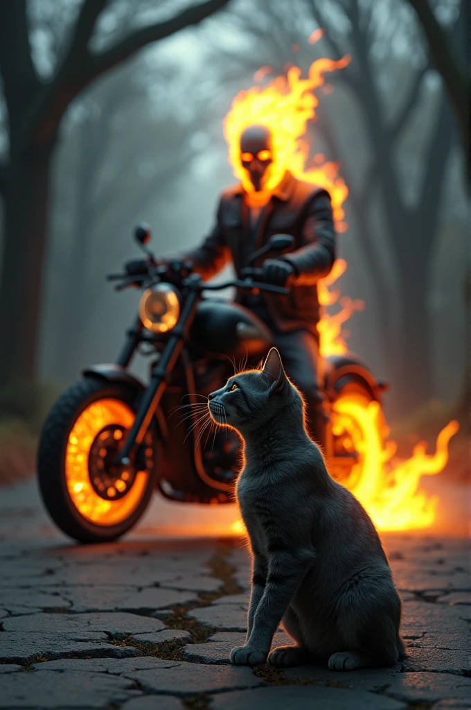 Cat sitting with ghost rider in a bike