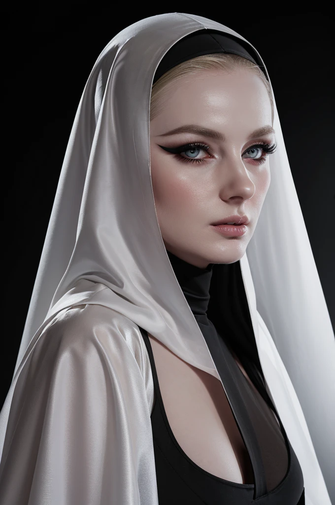 woman pretty, blonde, slicked back ,black nun veil, blonde hair , big breast,, pale skin , wearing italian dress, eyeliner ,foxy eyeliner , makeup ,pale woman painting, beautiful light deep focus, elegant, digital painting, smooth, dramatic lighting , 8k, art , black background,black background, black wallpaper