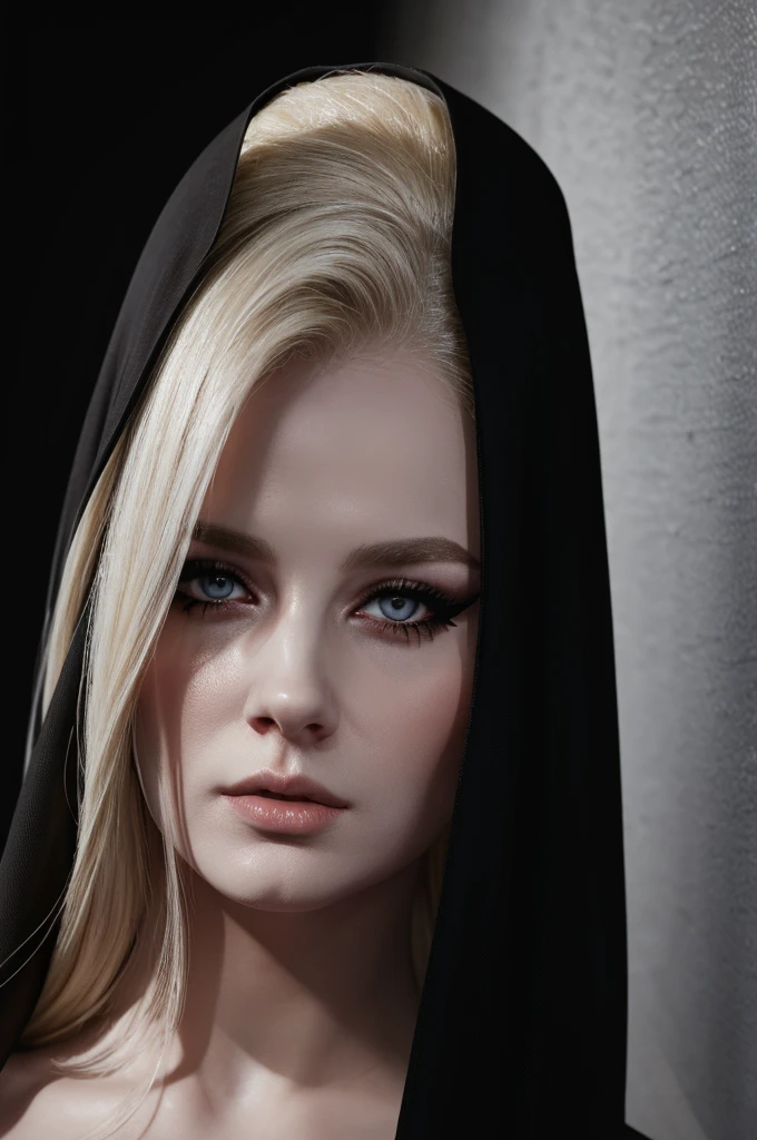 woman pretty, blonde, slicked back ,black nun veil, blonde hair , big breast,, pale skin , wearing italian dress, eyeliner ,foxy eyeliner , makeup ,pale woman painting, beautiful light deep focus, elegant, digital painting, smooth, dramatic lighting , 8k, art , black background,black background, black wallpaper