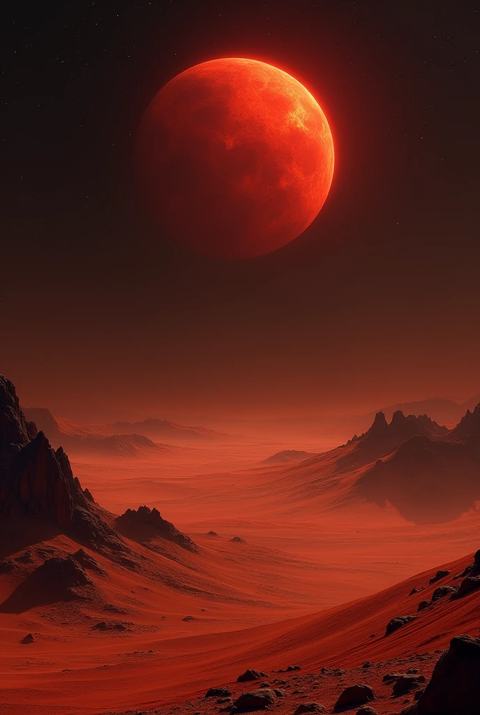 Desert planet landscape with a red dwarf star