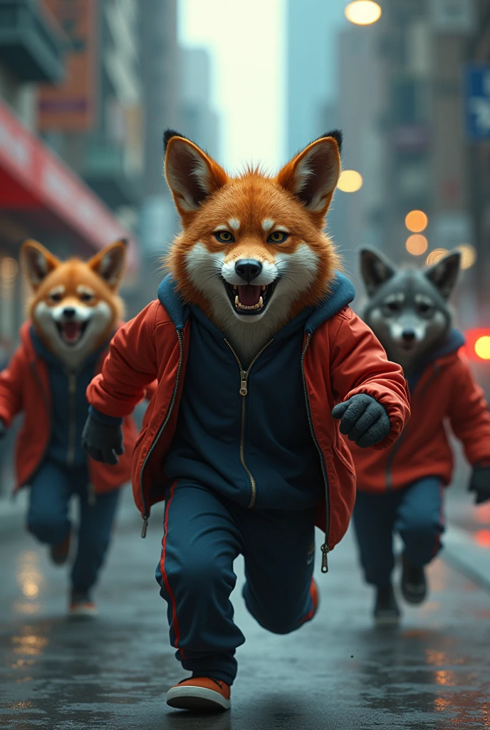 Mafia animals thug in tracksuits running from police realistic, real, high resolution detail, full photo like real
