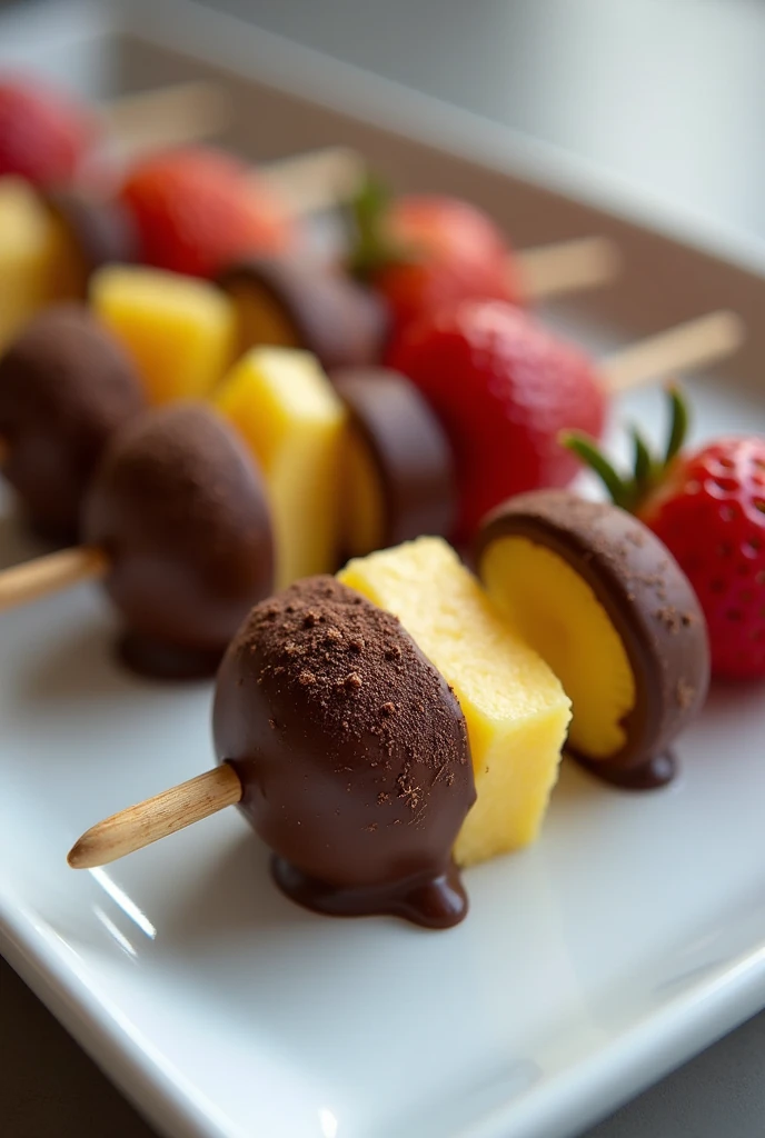 Skwered fruits, coated with melted hot chocolate powdered, all fruits are covered. After that we will put in the ice water