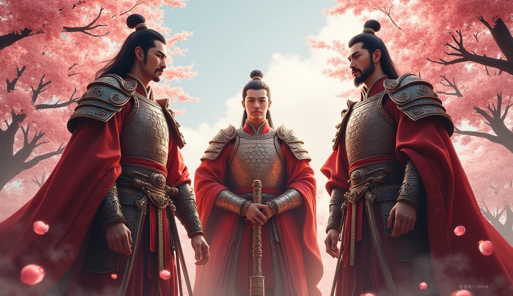 Zhang Fei and Liu Bei and Guan Yu swear oath in the peach garden.