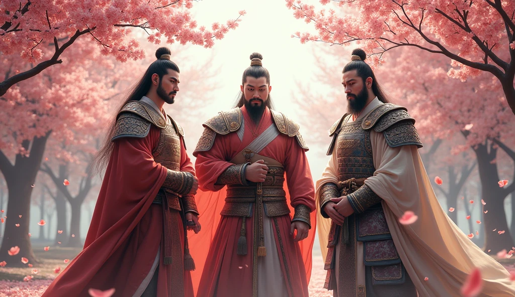 Zhang Fei and Liu Bei and Guan Yu swear oath in the peach garden.