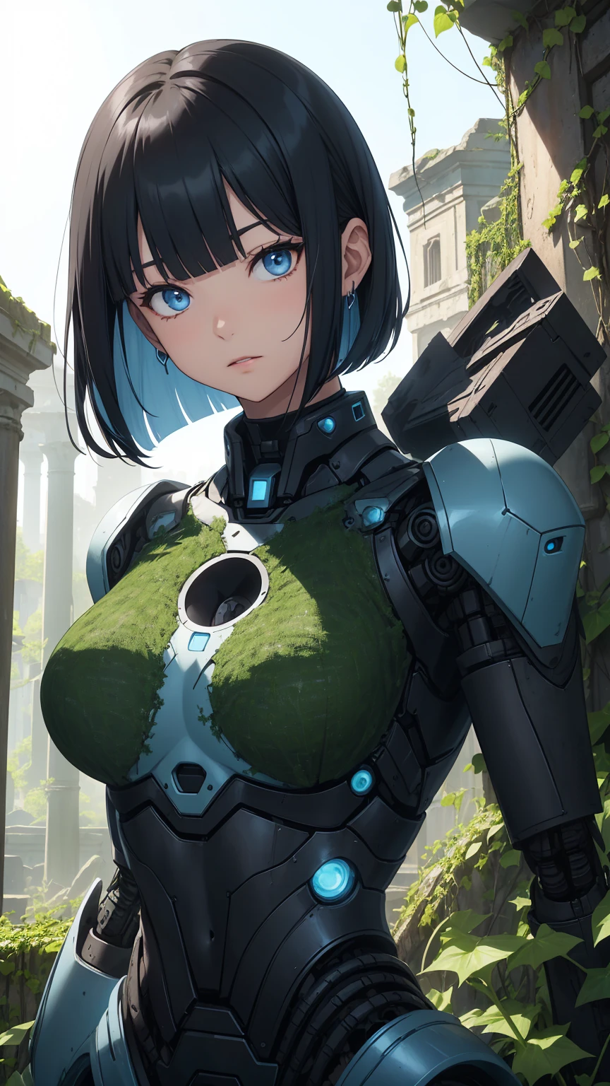 Highest quality, flying debris、Beautiful woman、Black Hair、(Dark blue eyes、Blunt bangs)、Short Hair,whole bodyショット、break(Among the ivy-covered ancient ruins:1.2)、break(In front of the ancient robot weapons:1.3)、(((whole body)))、Big Breasts、BREAK((Black and light blue theme))