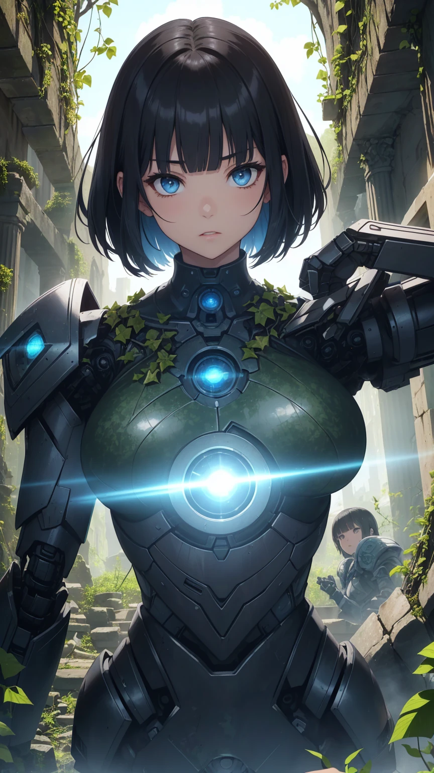 Highest quality, flying debris、Beautiful woman、Black Hair、(Dark blue eyes、Blunt bangs)、Short Hair,whole bodyショット、break(Among the ivy-covered ancient ruins:1.2)、break(In front of the ancient robot weapons:1.3)、(((whole body)))、Big Breasts、BREAK((Black and light blue theme))