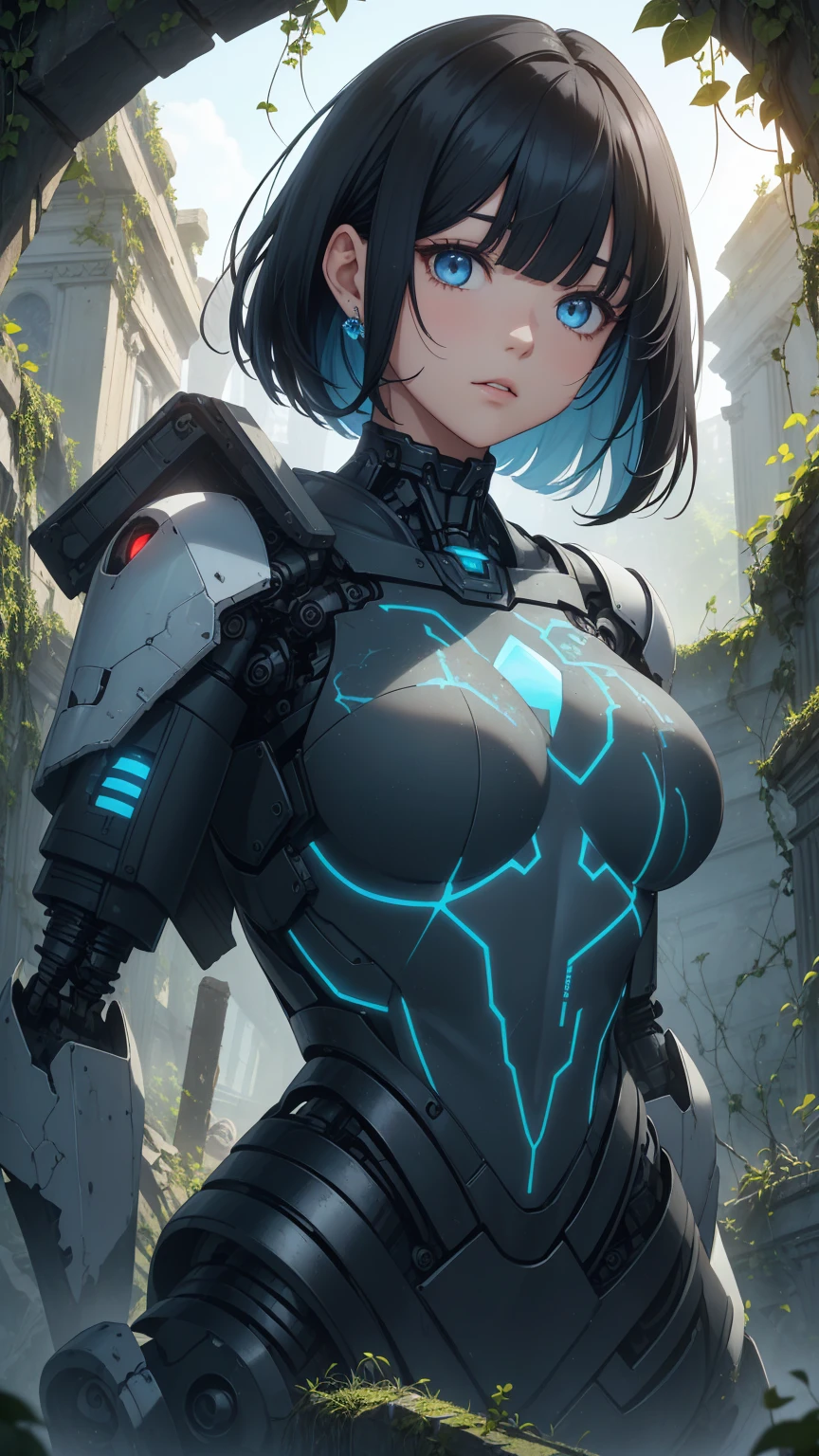 Highest quality, flying debris、Beautiful woman、Black Hair、(Dark blue eyes、Blunt bangs)、Short Hair,whole bodyショット、break(Among the ivy-covered ancient ruins:1.2)、break(In front of the ancient robot weapons:1.3)、(((whole body)))、Big Breasts、BREAK((Black and light blue theme))