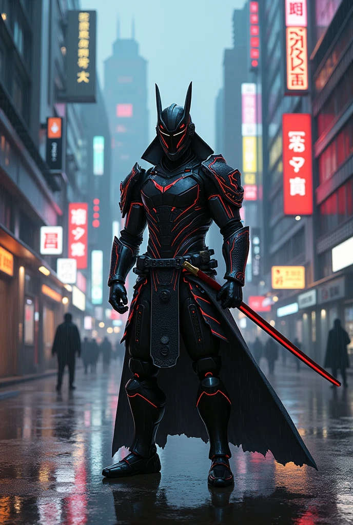A cyber samurai in a rain-soaked alley, poised in a combat stance, his armour made of sleek black and silver materials with red glowing lines. The city skyline in the background is filled with neon lights and holographic advertisements