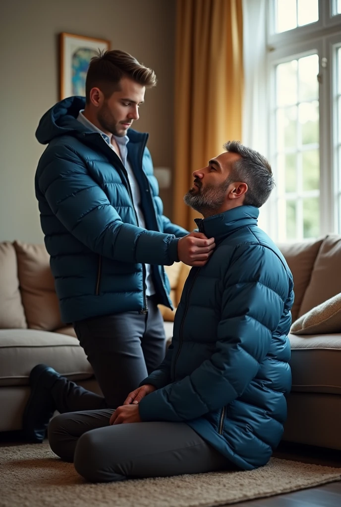 Create a hyper-realistic, males gay man BDSM image, high-resolution image showing two extremely handsome males man in an brightly lit living room. The wonderful and seductive uncle, aged 42, with short hair beginning to show signs of balding, is wearing dark pants and an open, *extremely shiny blue nylon puffer jacket* that exposes his slightly hairy chest and slightly prominent belly. He is kneeling on the floor, *wearing a collar around his neck*, being pulled by his gorgeous dominnering nephew, a 26 yo man with a naturally attractive physique, dressed in a formal shirt and casual pants, stands next to his wonderful submissive uncle. (((The *nephew pulls the collar with a confident and authoritative expression*, while the uncle, *kneeling*, looks up with a submissive expression))). The living room is natural high iluminate, with normal, comfortable decor that enhances the realism of the scene. The image should capture every detail with precision, emphasizing the interaction and contrast of roles between the two men with natural high ilumination highliging the realistic gay males man BDSM image. High resolution, Super detail, Best quality, Anatomically correct, Accurate.