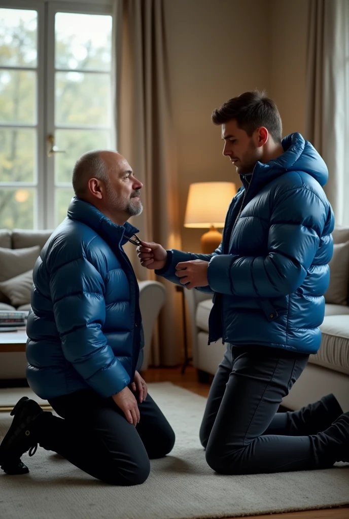 Create a hyper-realistic, males gay man BDSM image, high-resolution image showing two extremely handsome  males man in an brightly lit living room. The wonderful and seductive uncle, aged 42, with short hair beginning to show signs of balding, is wearing dark pants and an open, *extremely shiny blue nylon puffer jacket* that exposes his slightly hairy chest and slightly prominent belly. He is kneeling on the floor, *wearing a collar around his neck*, being pulled by his gorgeous dominnering nephew, a 26 yo man with a naturally attractive physique, dressed in a formal shirt and casual pants, stands next to his wonderful submissive uncle. (((The *nephew pulls the collar with a confident and authoritative expression*, while the uncle, *kneeling*, looks up with a submissive expression))). The living room is natural high iluminate, with normal, comfortable decor that enhances the realism of the scene. The image should capture every detail with precision, emphasizing the interaction and contrast of roles between the two men with natural high ilumination highliging the realistic gay males man BDSM image. High resolution, Super detail, Best quality, Anatomically correct, Accurate.