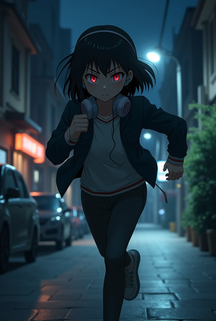 1 anime girl. With short black hair and red eyes, with sharp and serious features, wearing boys&#39; clothes, she runs on the sidewalk at night and wears headphones.