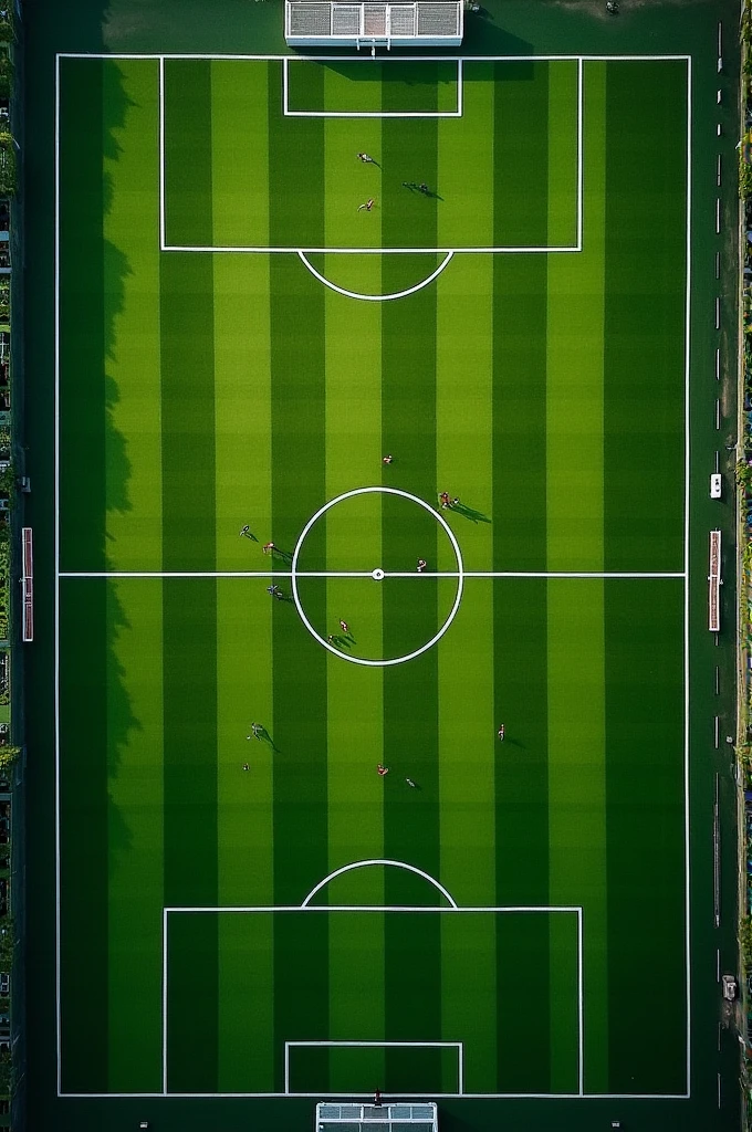 aerial view of a [green] [football] field with white
lines, empty except for a few players training in the distance, captured from directly overhead by a drone