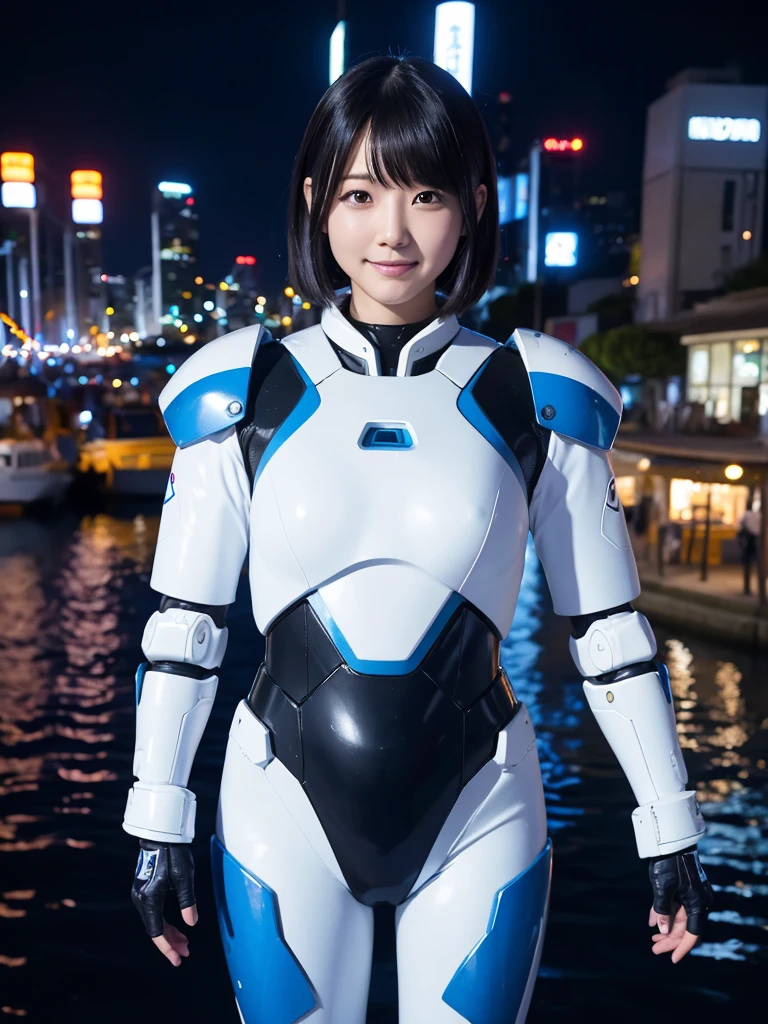 Japanese female android,Black Hair,White and blue robot suit,Plump,Standing in the harbor at night,smile