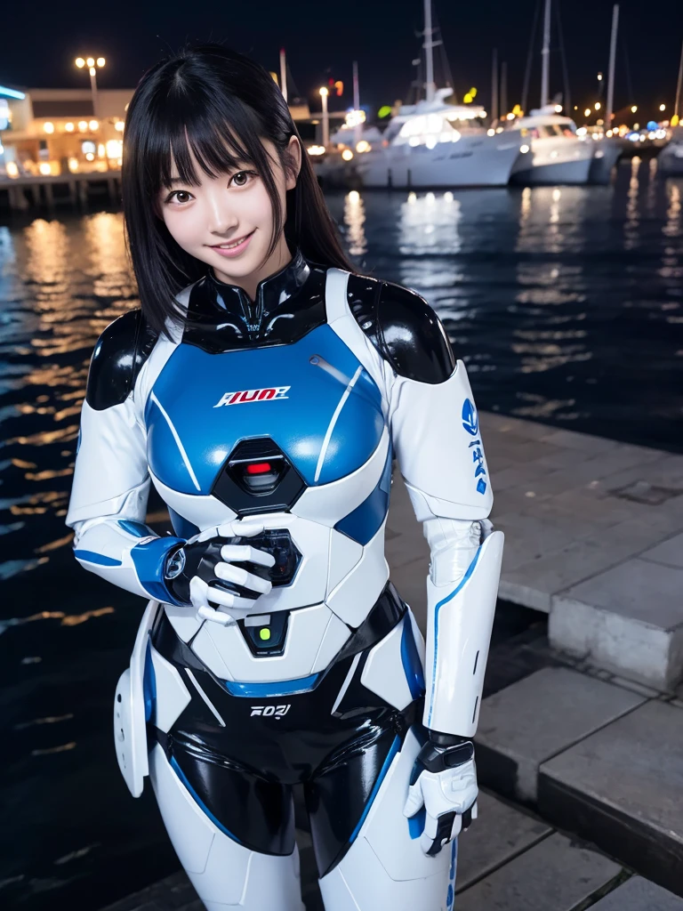 Japanese female android,Black Hair,White and blue robot suit,Plump,Standing in the harbor at night,smile