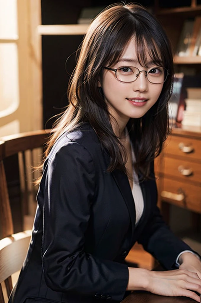 Photograph the whole body,Beautiful areola and nipples,(8k、RAW Photos、Highest quality、masterpiece:1.2)、(Realistic、Photorealistic:1.37)、Ultra-detailed、Ultra-high resolution、1 girl、2、Seeing the viewer、Beautifully detailed face、A smile with slightly visible teeth、narrow、(Narrow waist) :1.3)、blazer、Beautifully detailed skin、Skin Texture、Floating Hair、Tie your hair together、Shapely large breasts、Professional Lighting、Autumn evening、library、(((Black square glasses )))、Human whole body、Black Hair、((Embarrassing appearance))、Asian woman sitting cross-legged on a chair