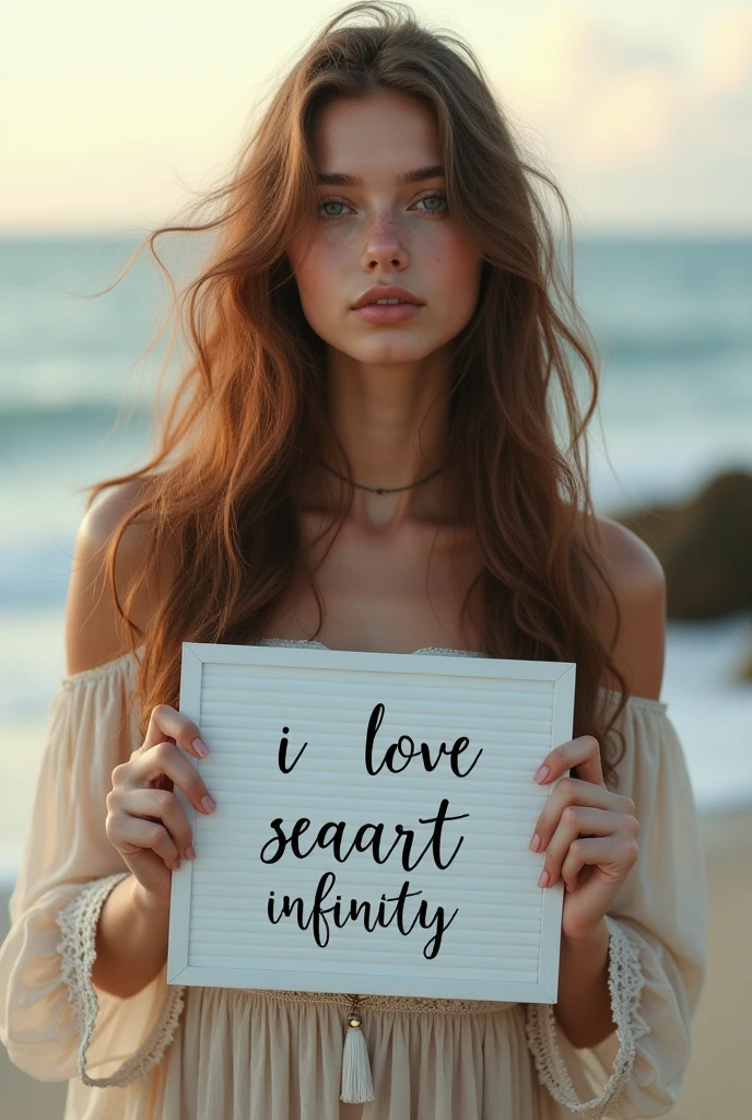 Beautiful girl with wavy long hair, bohemian dress, holding a white board with text "I Love Seaart Infinity" and showing it to the viewer