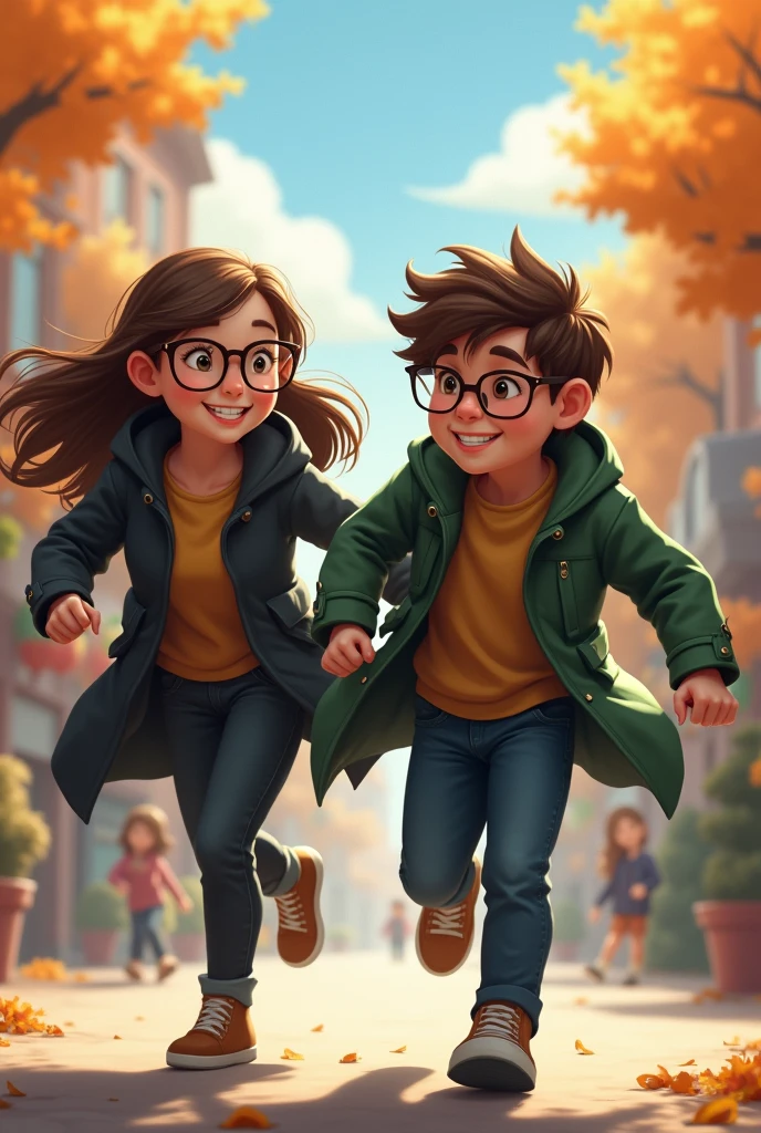 A young woman is chasing her older brother. Brown hair, glasses, cheerful, wearing a black and green coat.