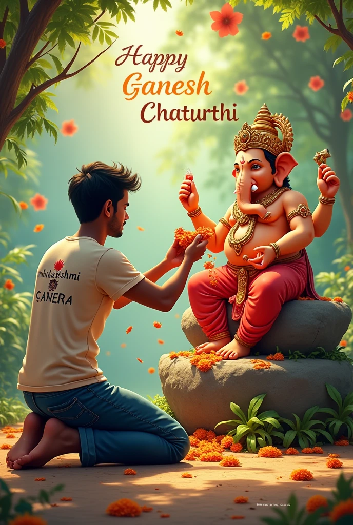 Create a Realistic Picture of LORD GANESH Sitting on a Stone. A Realistic 20 year
old Guy sprinkles flowers to LORD GANESH and performs pooja. "SANJAY" is written in the Guy's Tshirt. The Background features "HAPPY GANESH CHATURTHI" in
Create a realistic picture of a 20-year-old guy walking hand in hand with Lord Ganesha.
The guy is bareloot, wearing a t-shirt with the name "MAHALAKSHMI CC CAMERA " written on it, and bine Jeans.
The environment is gorgeous, set in a garden, adding to the festive atmosphere.