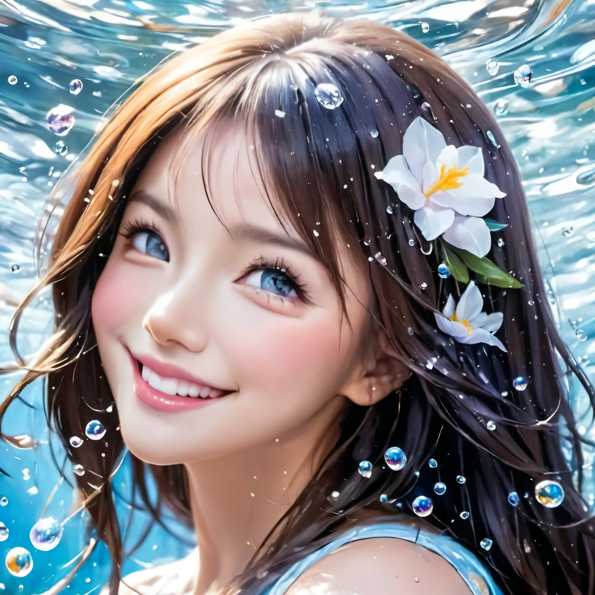 photo REAL,Highest quality,girl,Laughter,Colorful colors,surrounded by water bubbles,In kawacy style,masterpiece,Polka dots in oil painting,(Head close-up:2),Tyndall effect,Water Drop,Mother-of-pearl iris,holographic white,(face_concentrated:1.5),