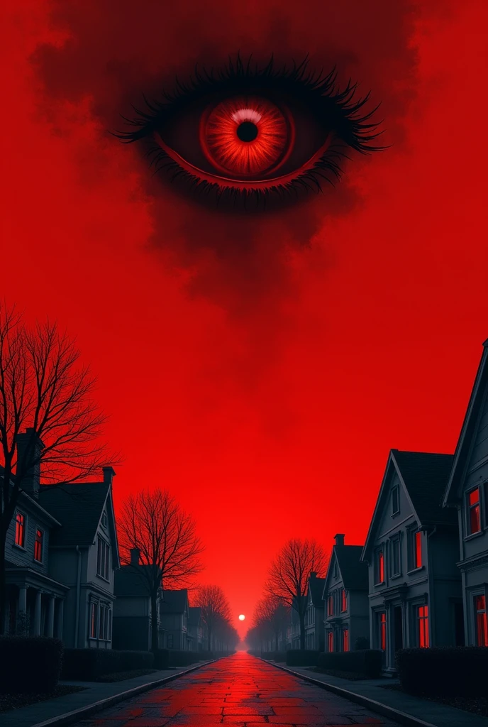 Couverture d'un livre inspiré des films : Nightmare on Elm Street. Le fond de la couverture est rouge. En bas de la couverture, a street full of french houses. Above the houses , a small angry eye.