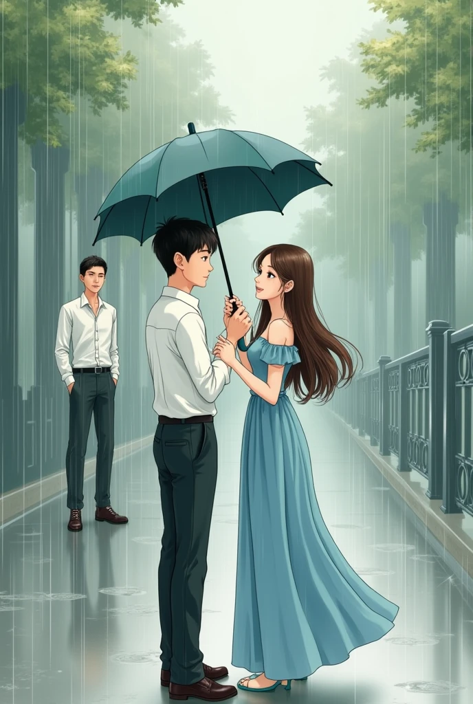 With the manhua drawing of Chinese comics. Draw a picture of a boy (already white, High ráo, Pretty trai, wear a shirt trắng, tucked in with black trousers) holding umbrella for girl (already white, Pretty, wear long blue off shoulder dress, long brown hair). From afar there is another guy (already white, High, Pretty trai, wear a shirt, black pants) standing looking at them. Rainy scene