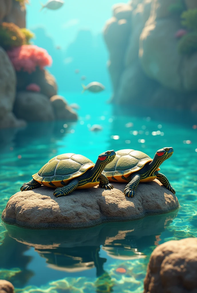 Two redears turtle sitting on the block in the red sea