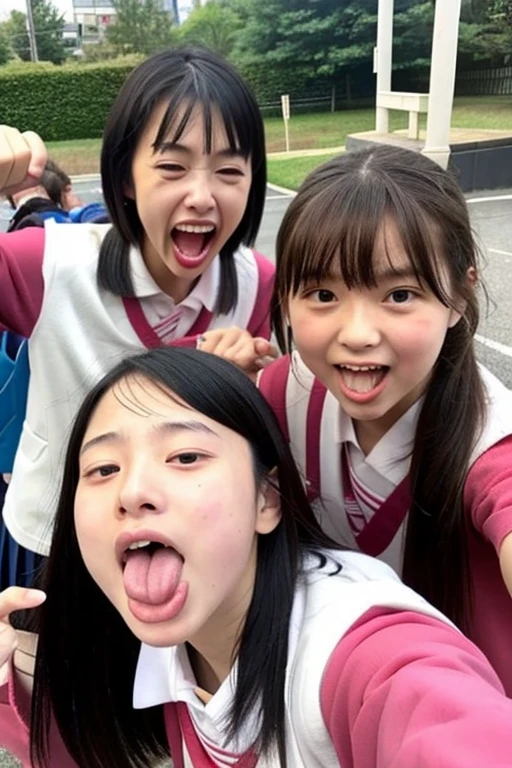 Japanese,Completely naked,pubic hair,black hair,round face,baby face,beach,smile,young,Stand up straight,Class Committee Members