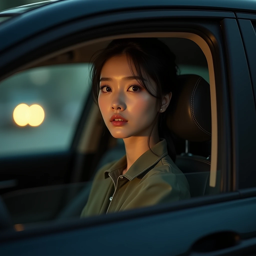 a dark olive honda crv generation 5, 1 chinese girl, beautiful detailed eyes, beautiful detailed lips, extremely detailed eyes and face, long eyelashes, beautiful woman, tender expression, sitting in the car, professional photography, cinematic lighting, golden hour, dramatic lighting, moody atmosphere, photorealistic, hyperrealistic, 8k, high resolution, masterpiece, intricate details, realistic reflections, volumetric lighting