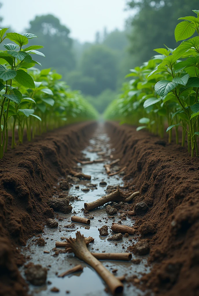 The small plantation wakes up devastated. The soil turned to mud, marked by deep furrows where rainwater ran in torrents. The plants, previously aligned, are now fallen, with broken stems and torn leaves scattered across the ground. Some seedlings were uprooted, leaving holes full of dirty water. Remains of branches and leaves, brought by the wind, are spread all over, creating a chaotic mix of destroyed vegetation. The set, now desolate, is a portrait of the relentless force of the storm.