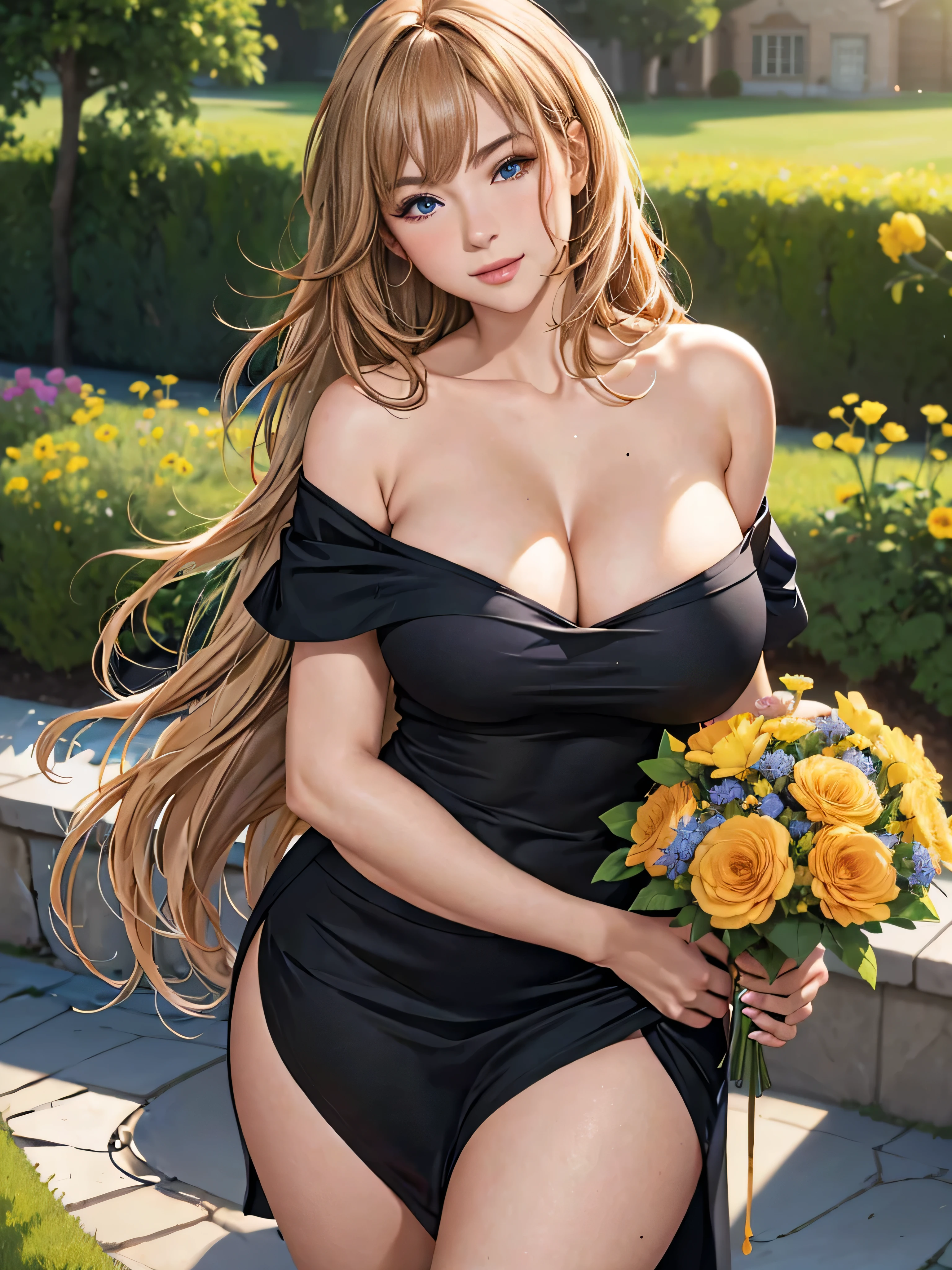 Medium round breasts, (1 mature Girl), ((light caramel color hair: 5.2, long straight style, messy bangs)), blue eyes, double eyelids, light effect on the eyes, wide hips, black off-the-shoulder skirt dress , stylish, beautiful smile, shy, blush on cheeks, ((sexy body)), solo, best quality, masterpiece, portrait, flirting with viewer, sensual pose, detailed, perfect anatomy, detailed art, high definition, 4k , high resolution, garden, grass, holding bouquet of flowers