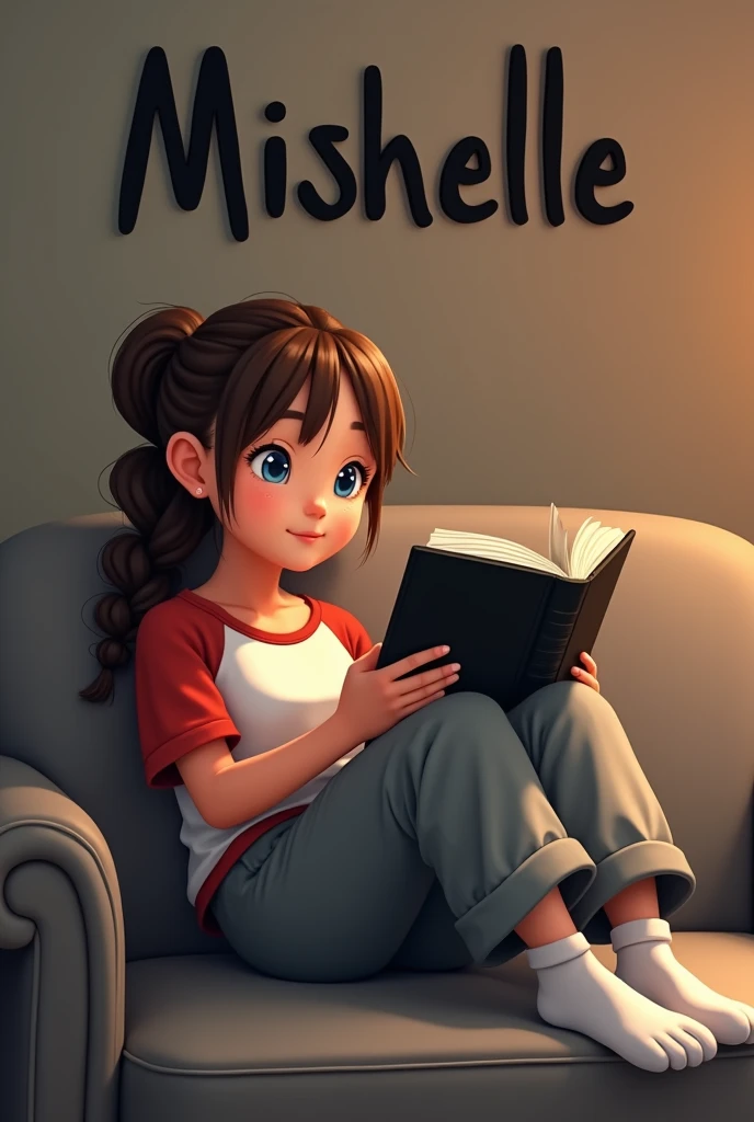 A teenage girl with a brown braid lies on a cozy gray sofa, blue eyes, grey baggy pants, a white T-shirt with red sleeves and white socks. She is reading a thick black book. Above her is the word Mishelle in black capital letters