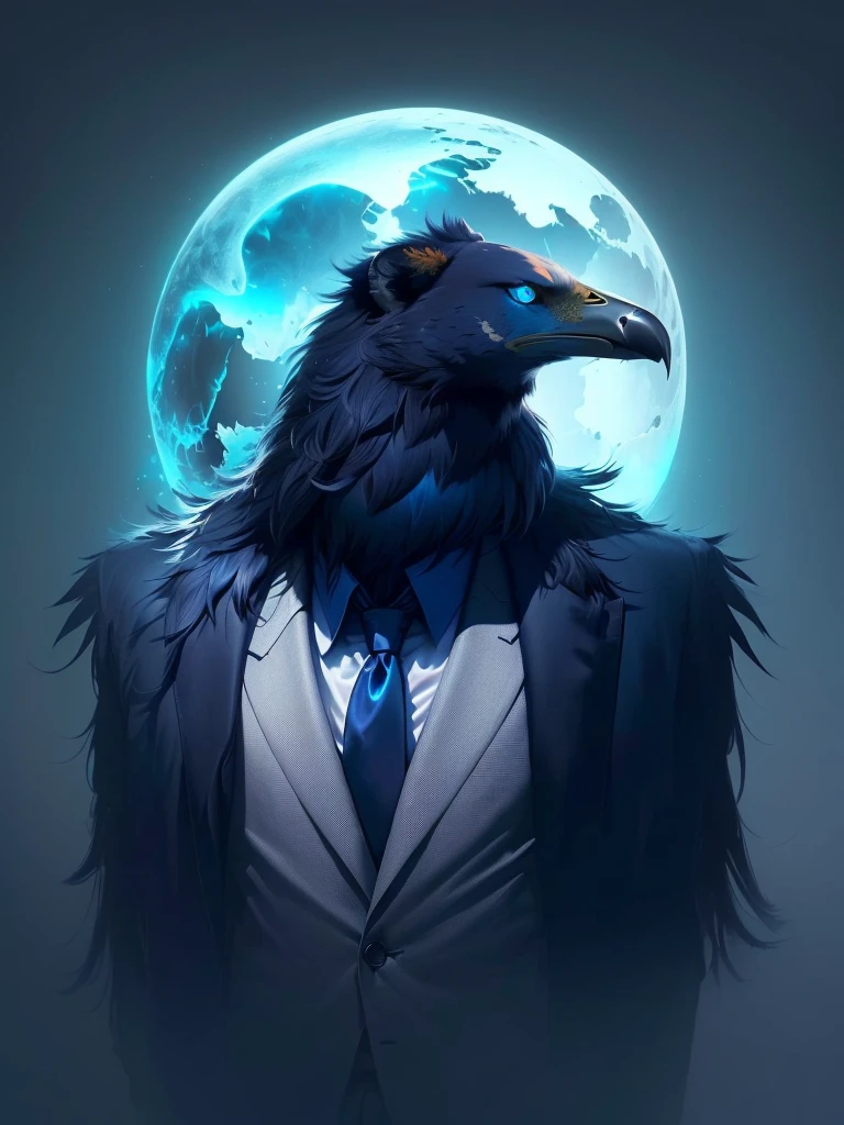 A krow in a suit, (glowing blue eyes), digital art animal photo, 4k highly detailed digital art, stunning digital illustration, 4k detailed digital art, 2 d full body lion, wallpaper 4 k, wallpaper 4k, phone wallpaper hd, amazing wallpaper, 8k hd wallpaper digital art, digital artwork 4 k