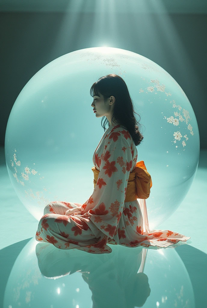 A woman wearing a yukata sitting cross-legged is inside a floating sphere. The yukata is Showa retro. The sphere is made of water. Delicate. Ultra-high performance. Abstract. Fantastic. Fisheye effect.