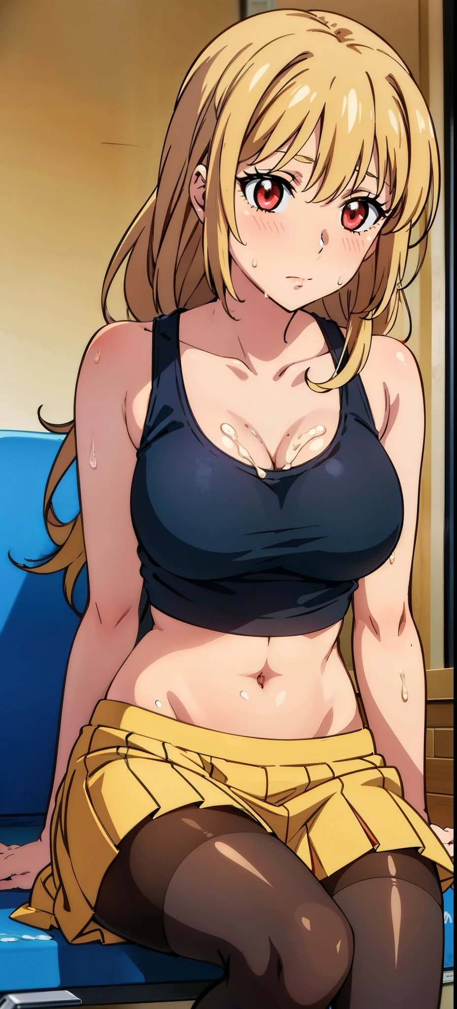 1 girl,Asagi, standing,masterpiece, cowboy_shot, red eyes, healthy skin, blushed, 20-year-old, legwear, skirt, sitting, navel, midriff ,golden hair, long hair, cum, cum on face,  indoors,  cropped tank top 