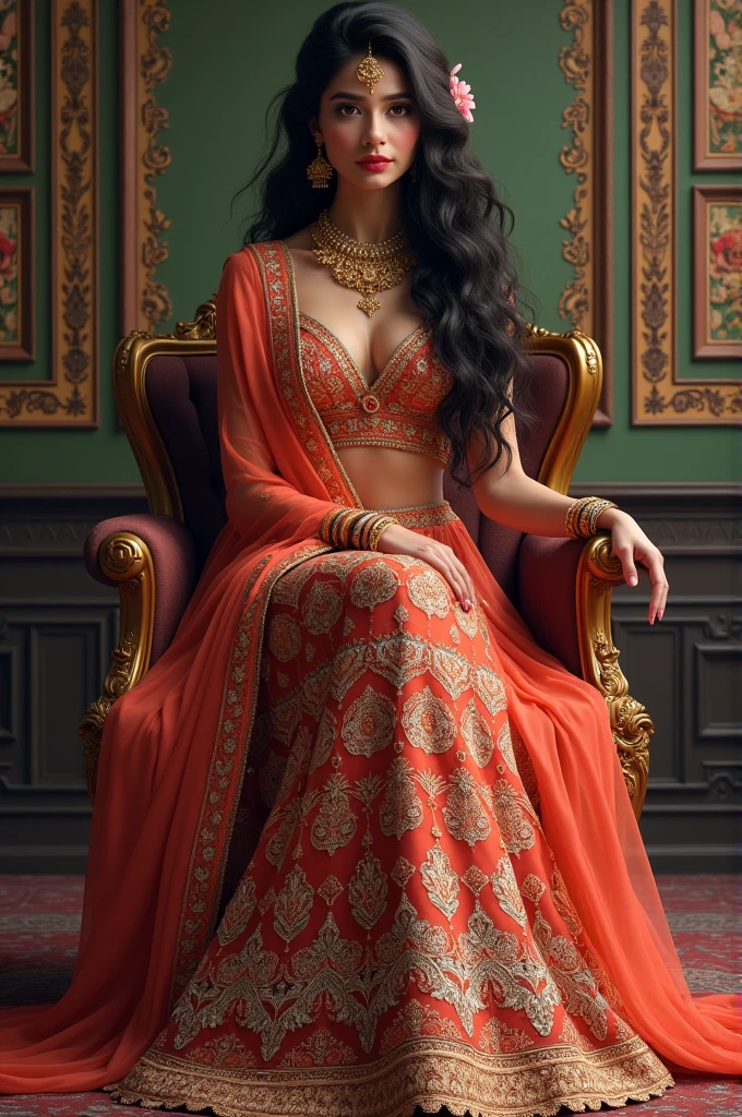 A lehenga wear most beautiful woman sitting on a chair 