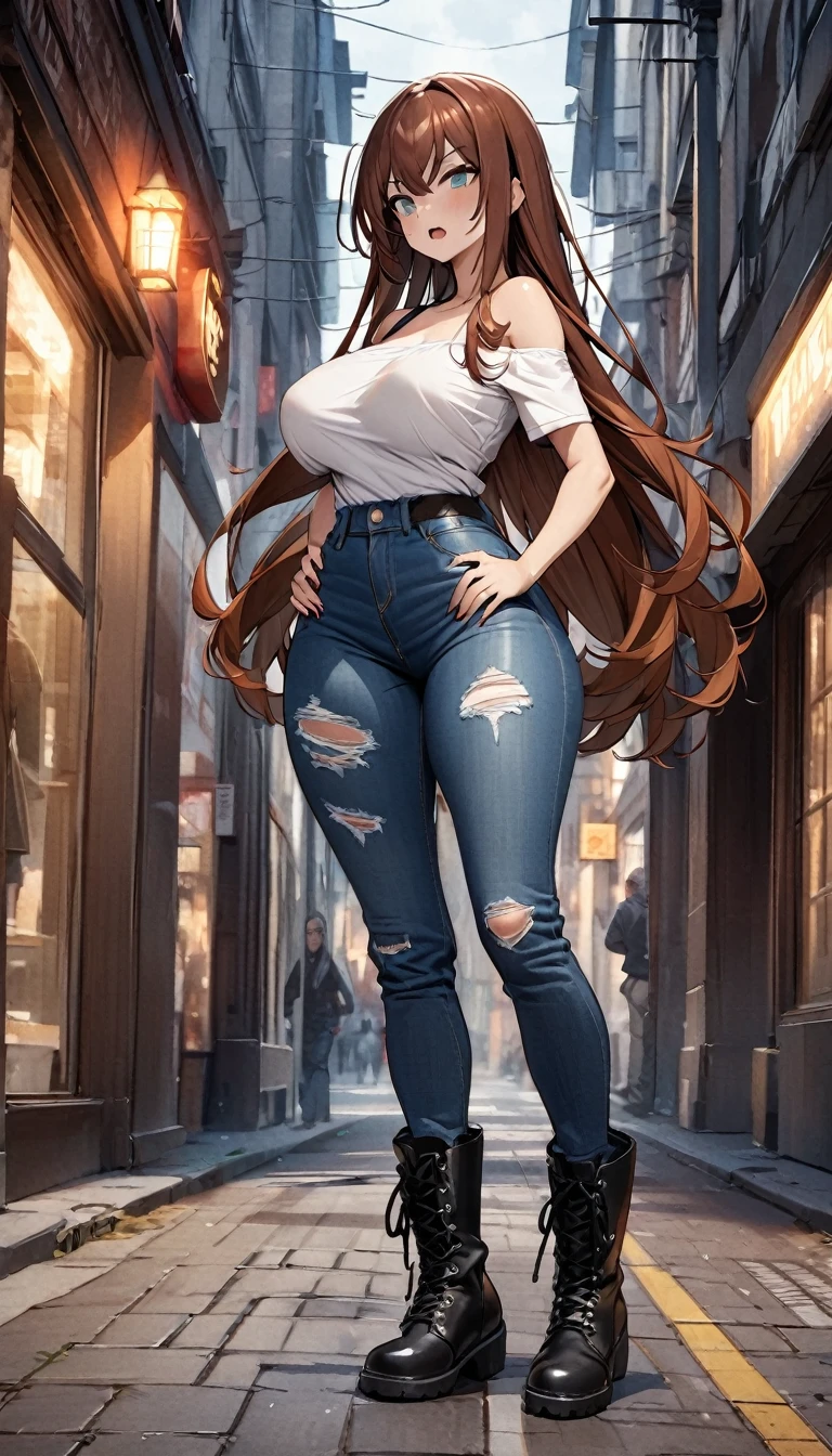 Ultra-high definition image quality、beautiful girl、Yankee girl、Reddish brown hair、Messy long hair、Gal、bustling street、Off-the-shoulder T-shirt、Distressed denim、Tight low rise denim、Highest quality, Big Ass、Thighs、Big Boobs、High cut boots、Glare、Place hands on hips、intimidating face、Hold a cigarette in your mouth、Smoke from cigarettes、Punk Fashion、Stand with legs crossed