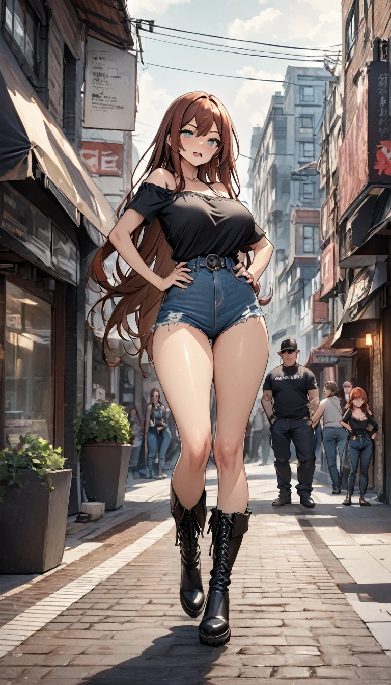 Ultra-high definition image quality、beautiful girl、Yankee girl、Reddish brown hair、Messy long hair、Gal、bustling street、Off-the-shoulder T-shirt、Distressed denim、Tight low rise denim、Highest quality, Big Ass、Thighs、Big Boobs、High cut boots、Glare、Place hands on hips、intimidating face、Hold a cigarette in your mouth、Smoke from cigarettes、Punk Fashion、Stand with legs crossed
