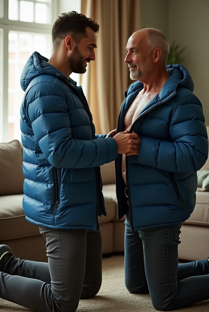 Create a hyper-realistic, high-resolution image showing two extremely handsome two males man together in a brightly lit living room. The wonderful and seductive uncle, aged 42, with short hair beginning to show signs of balding, is wearing dark pants and an open, *extremely shiny blue nylon puffer jacket* that exposes his slightly hairy chest and slightly prominent belly. He is kneeling on the floor, *wearing a collar around his neck*, being pulled by his gorgeous dominnering nephew, a 26 yo man with a naturally attractive physique, dressed in a formal shirt and casual pants, stands next to his wonderful submissive uncle. (((The *nephew pulls the collar with a confident and authoritative expression*, while the uncle, *kneeling*, looks up with a submissive expression))). The living room is natural high iluminate, with normal, comfortable decor that enhances the realism of the scene. The image should capture every detail with precision, emphasizing the interaction and contrast of roles between the two men with natural high ilumination highliging the realistic males man. High resolution, Super detail, Best quality, Anatomically correct, Accurate.