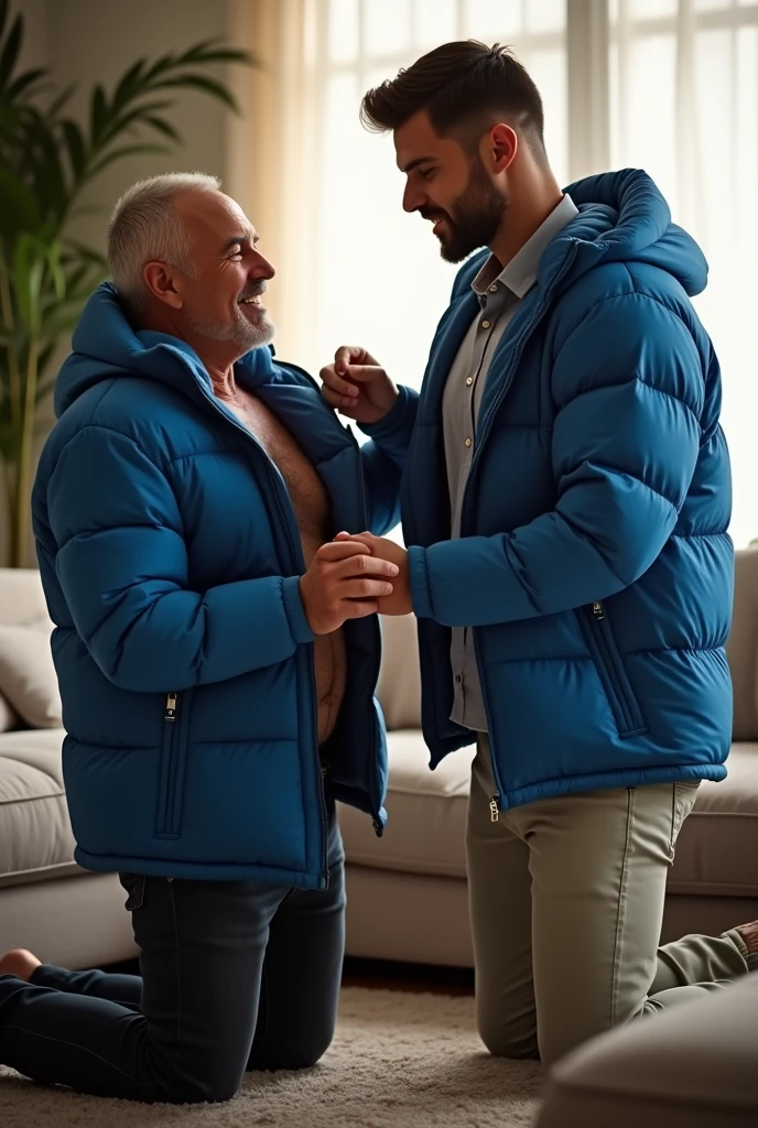 Create a hyper-realistic, high-resolution image showing two extremely handsome two males man together in a brightly lit living room. The wonderful and seductive uncle, aged 42, with short hair beginning to show signs of balding, is wearing dark pants and an open, *extremely shiny blue nylon puffer jacket* that exposes his slightly hairy chest and slightly prominent belly. He is kneeling on the floor, *wearing a collar around his neck*, being pulled by his gorgeous dominnering nephew, a 26 yo man with a naturally attractive physique, dressed in a formal shirt and casual pants, stands next to his wonderful submissive uncle. (((The *nephew pulls the collar with a confident and authoritative expression*, while the uncle, *kneeling*, looks up with a submissive expression))). The living room is natural high iluminate, with normal, comfortable decor that enhances the realism of the scene. The image should capture every detail with precision, emphasizing the interaction and contrast of roles between the two men with natural high ilumination highliging the realistic males man. High resolution, Super detail, Best quality, Anatomically correct, Accurate.