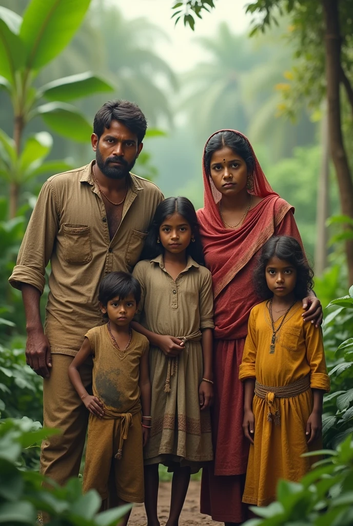 A indian poor family in 5 members and front view greenery and 9ne child
