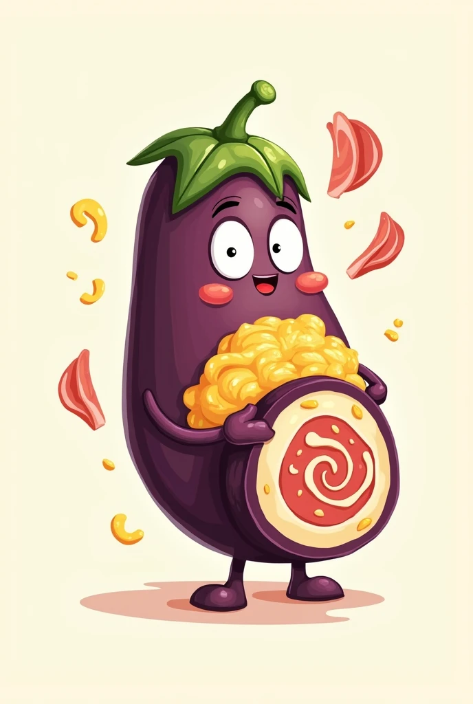 its a logo that is eggplantroll with cheese and ham. the name is Eggplant Roll-a-licious. 