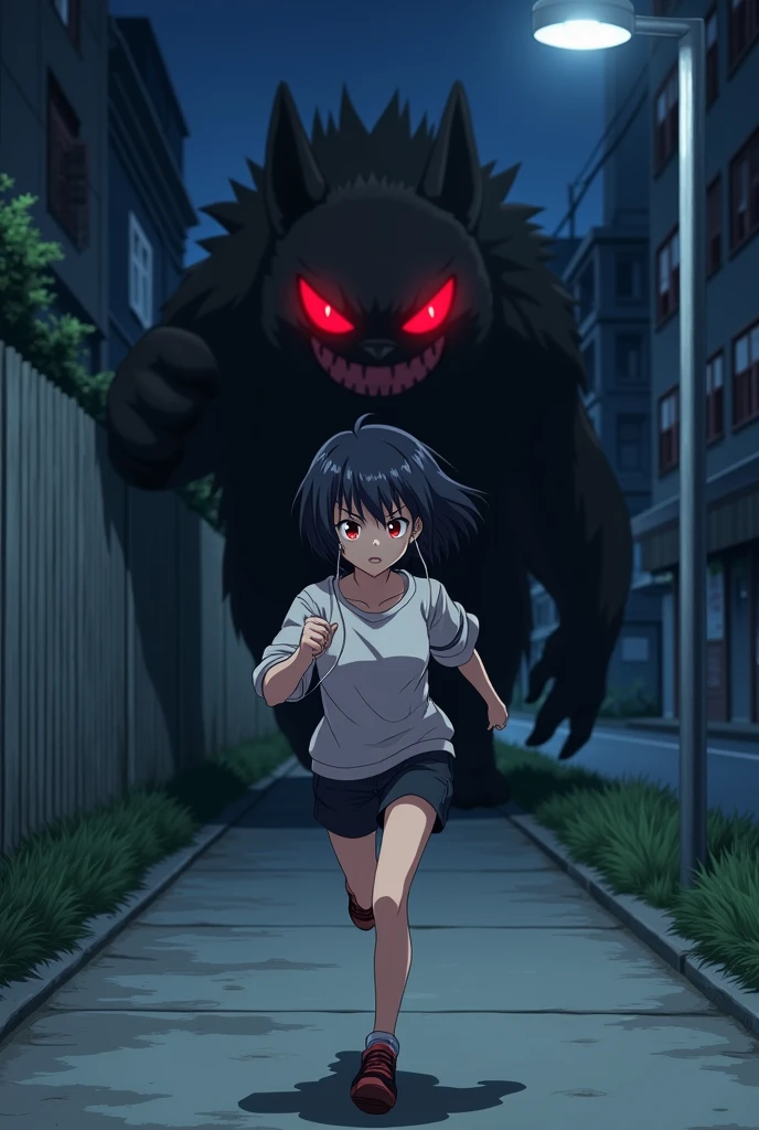 1 anime girl. With short black hair and red eyes, with sharp and serious features, wearing boys' clothes, she runs on the sidewalk at night, wearing earphones, and behind her is a scary black monster with red eyes the size of a dog.
