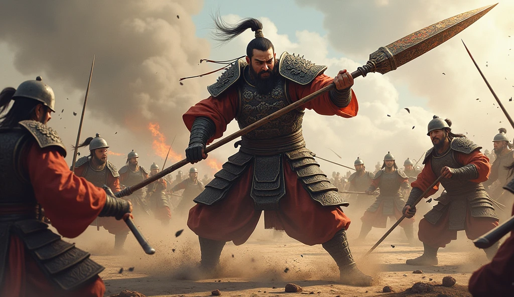 There are many characters in the picture, detailed illustrations of the game art, Cheng Wei Pan on Artstation, inspired by Fenghua Bell, heroic battle scenes, by Yang J, Ismail Inseoglu and Ruan Jia, CGsociety and Fenghua Zhong, Three Kingdoms of China, by Wu Zhun Shifan, background: battle scenes, flames, war fire heroic battle scenes Swords and guns